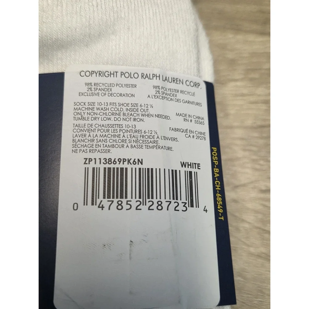 Polo Ralph Lauren Classic Sport Low‎ Cut Socks Men's White w/ Blue Pony  6 pair.